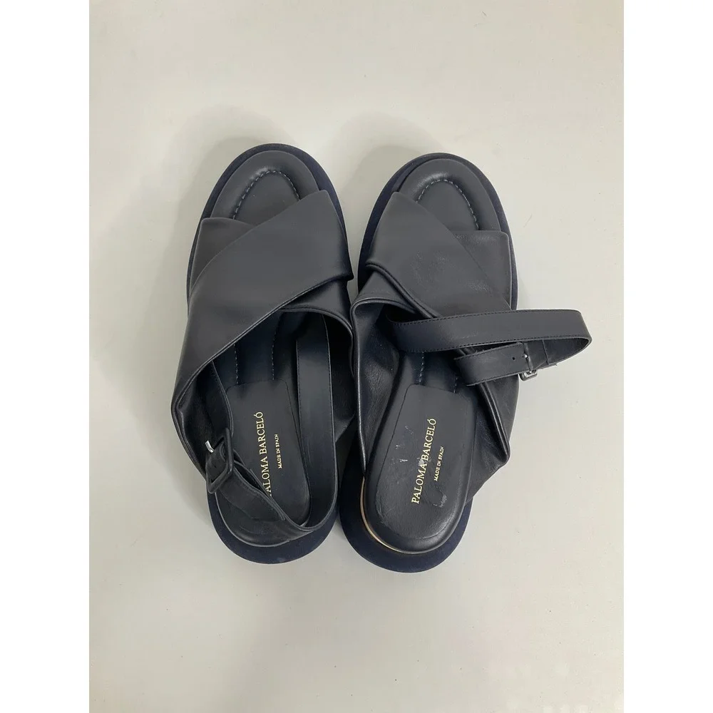 Paloma Barcelo Navy Leather Platform Slingback Sandals Made in Spain Size 40